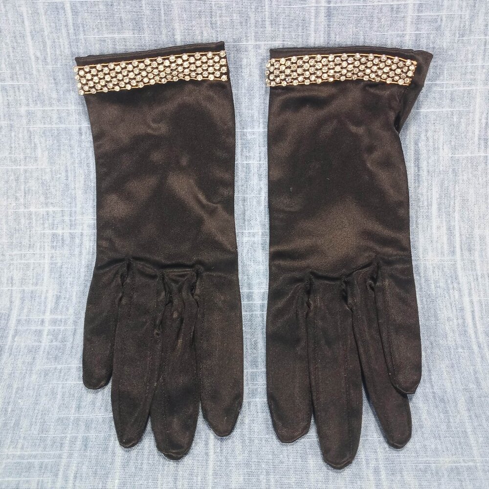 1950s Vintage Black Satin Rhinestone Gloves by Kay Fuchs from West Germany